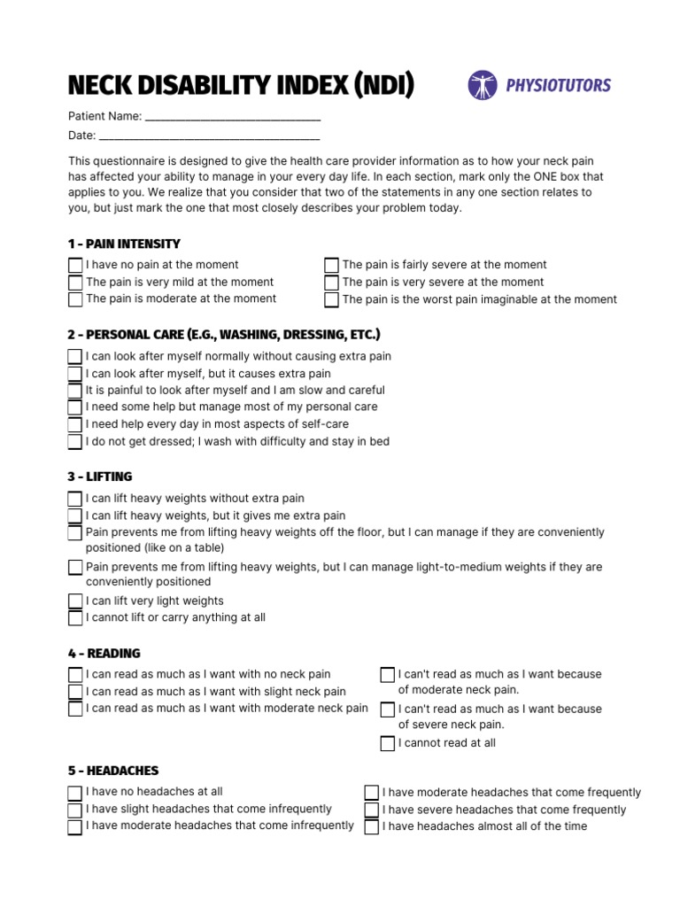 Neck Disability Index NDI PDF Pain Headache