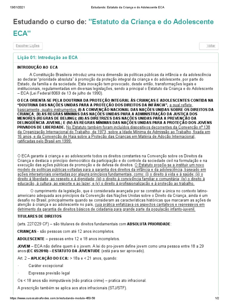 Estatuto da Criança e do Adolescente ECA1 | PDF