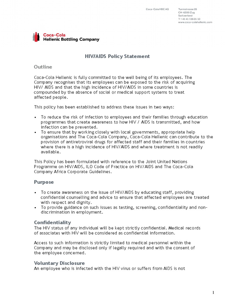 Coca Cola HBC Hiv Aids Policy | PDF | Hiv/Aids | Employment