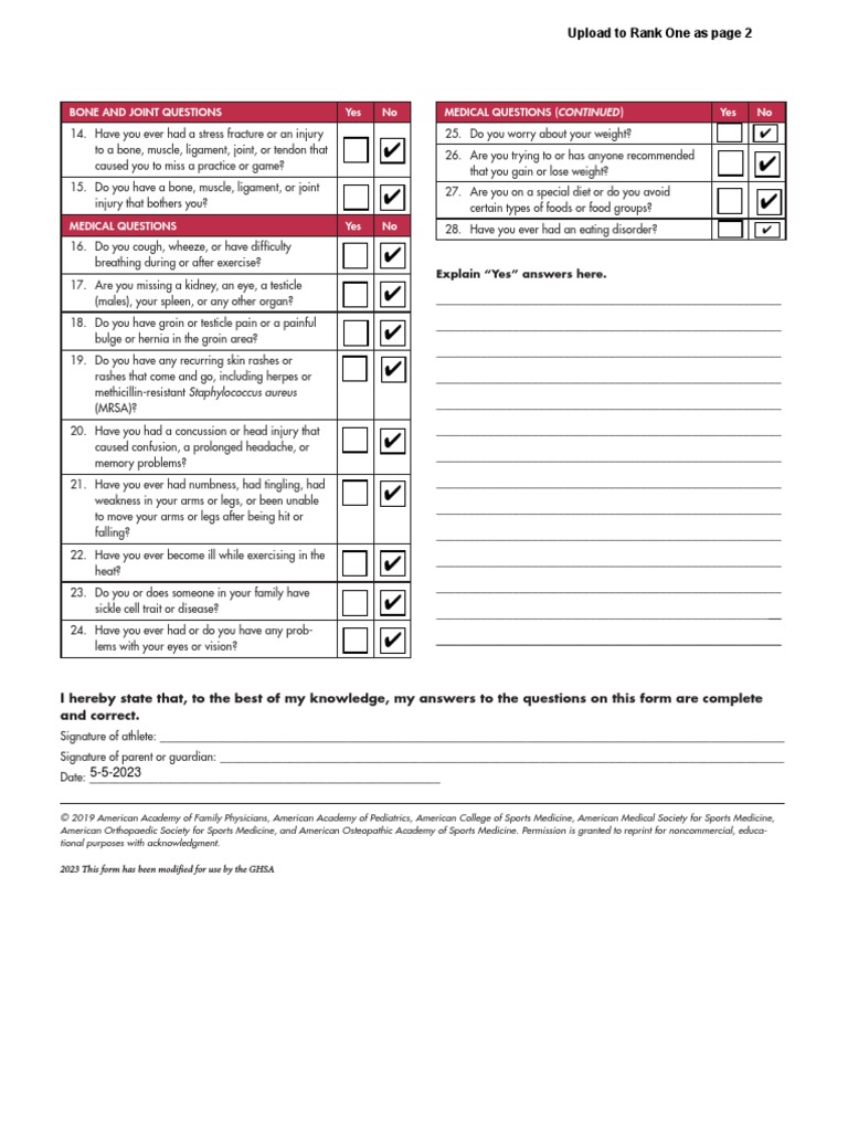 Bone and Joint Questions Yes No Medical Questions (Continued) Yes No