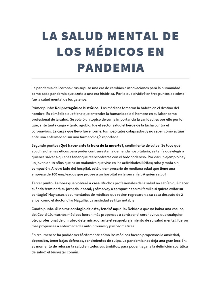 Salud Mental de Médicos en Pandemia | PDF | Relaciones personales ...
