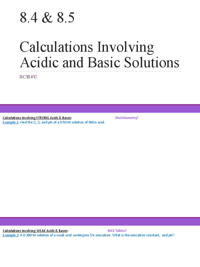 8.4 & 8.5 Calculations Involving Acidic & Basic Solutions | PDF