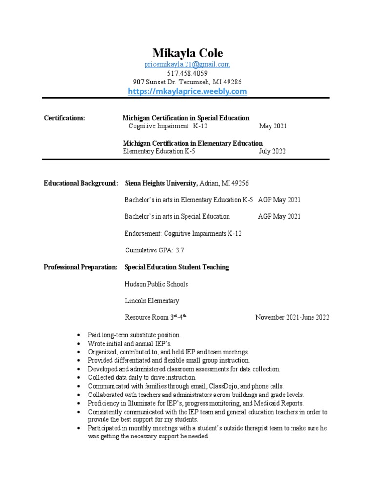 Mikayla Resume | Download Free PDF | Special Education | Individualized ...