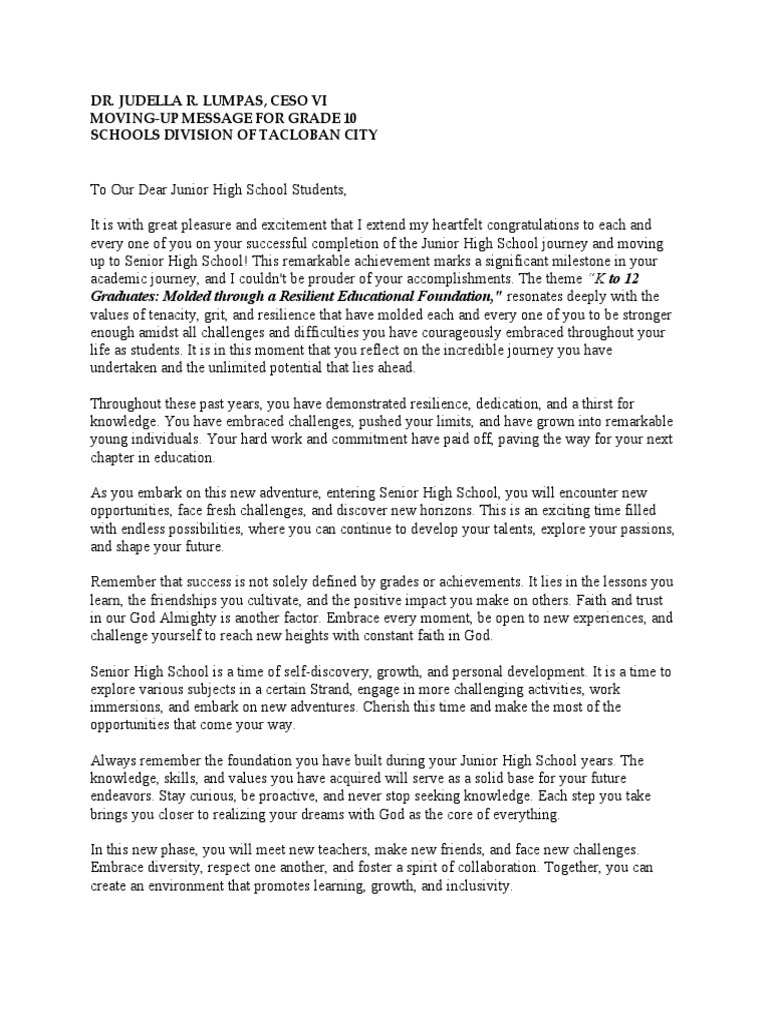 Grade 10 Moving Up Message 2023 | PDF | Knowledge | Behavioural Sciences