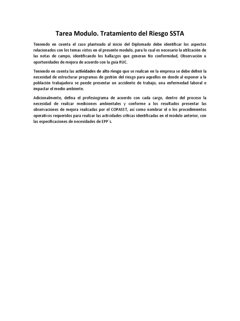 Tarea Modulo Tratamiento Del Riesgos SSTA | PDF