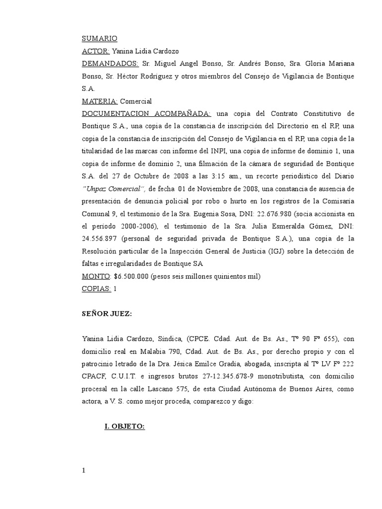 Demanda de Acción Social de Responsabilidad (Parte Actora) | PDF ...
