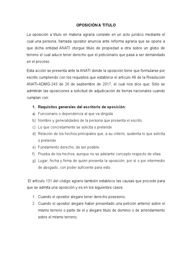 Oposición a Título en Materia Agraria | PDF | Demanda judicial | Gobierno