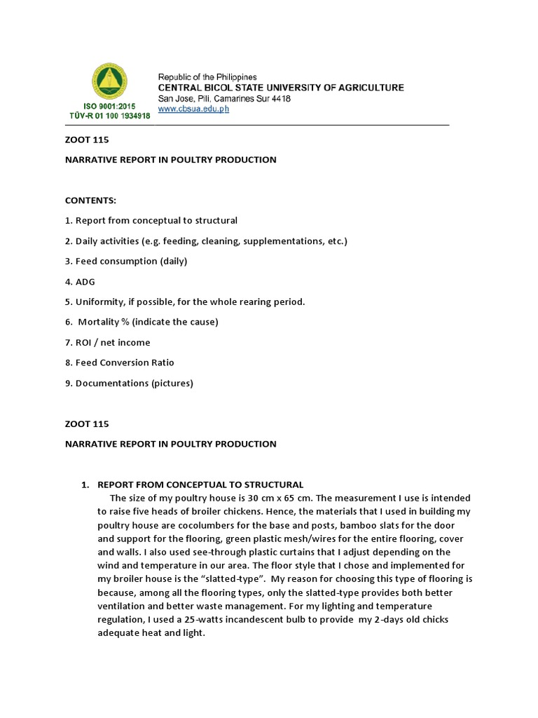 Poultry Production Narrative Report | PDF | Poultry Farming | Broiler