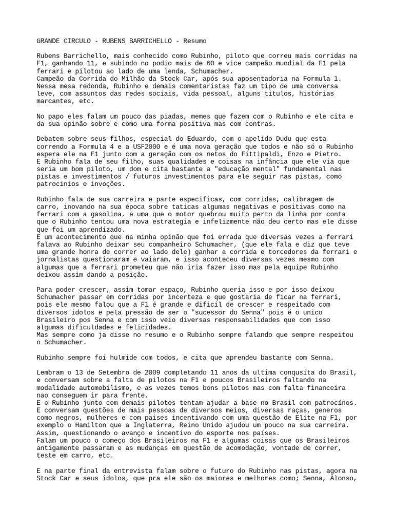 Grande Circulo Rubinho Barrichello | PDF | Fórmula Um