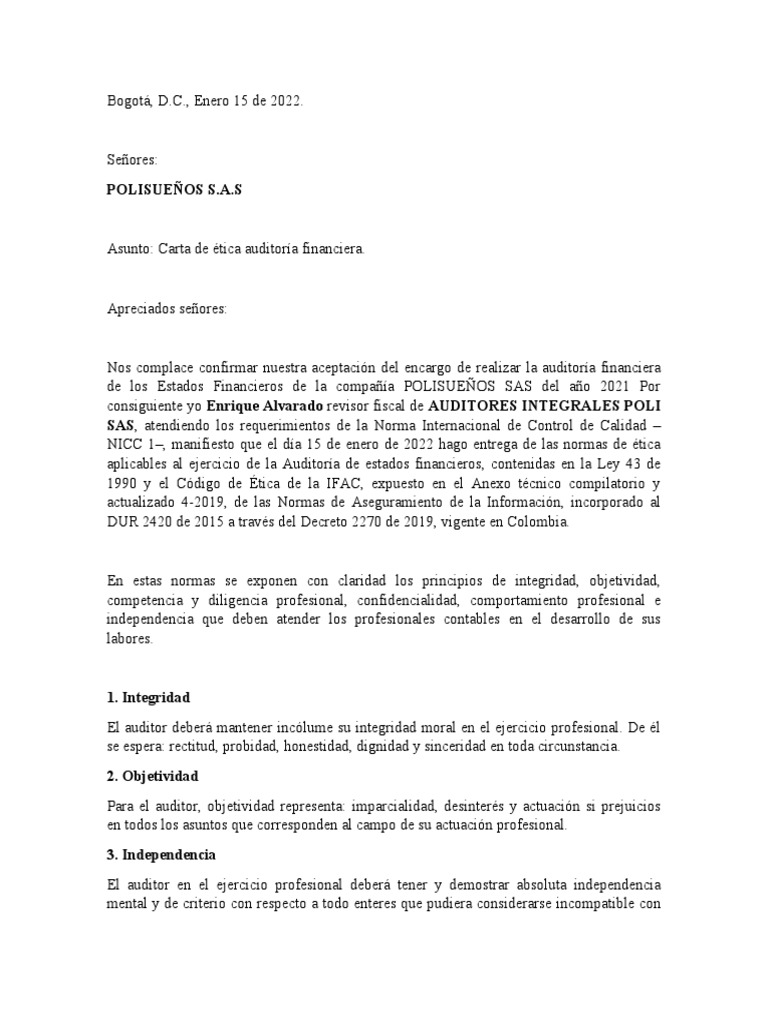Carta de Etica Auditoria | PDF | Auditoría | Contralor
