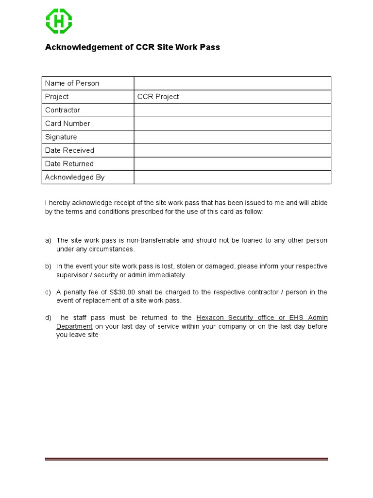 Acknowledgement of workers site pass form pdf