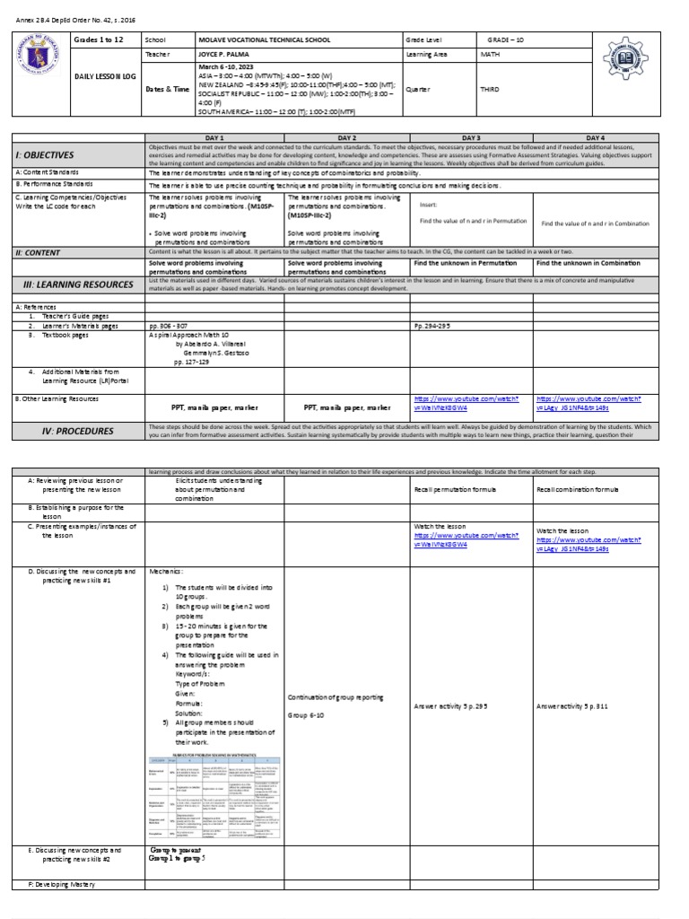 DLL Q3 Math 10 W4 Solve Problems Involving Combi and Permu