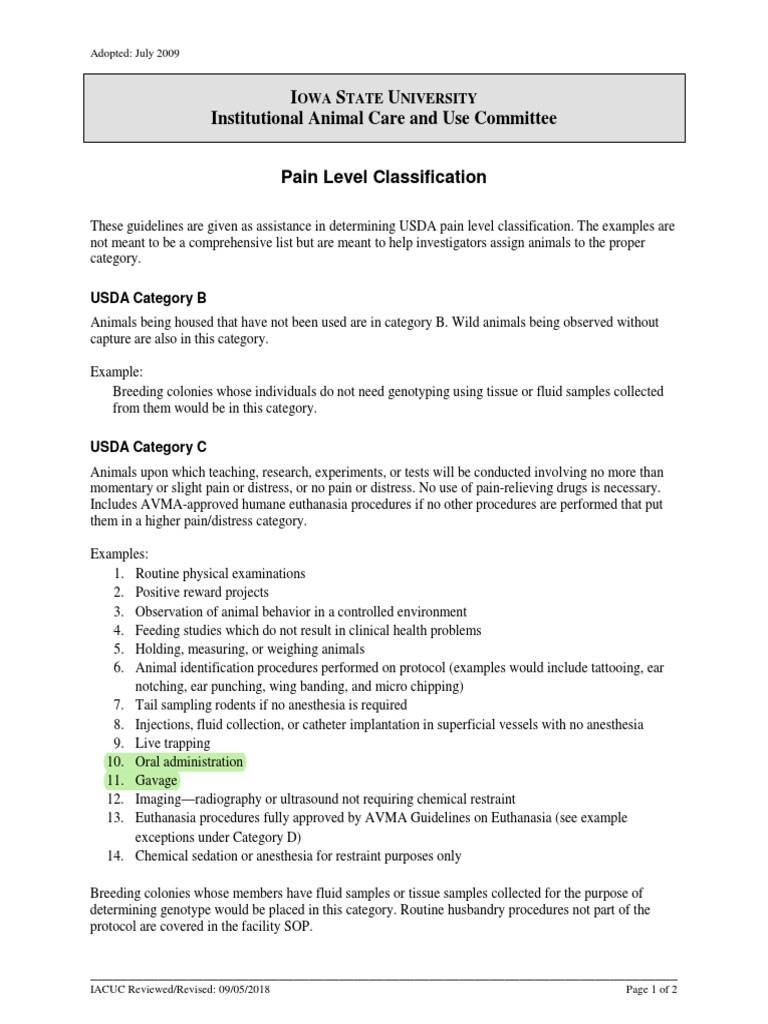 USDA Pain Level Classification Guide | PDF | Anesthesia | Surgery