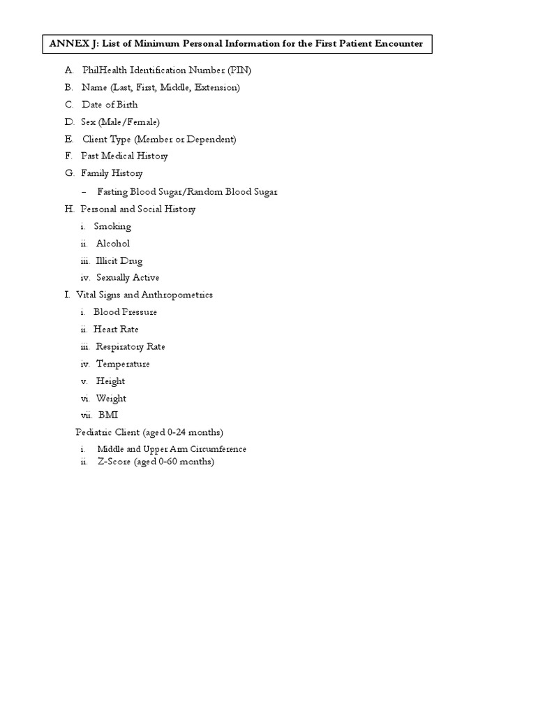 Annex j list of minimum personal information for the first patient