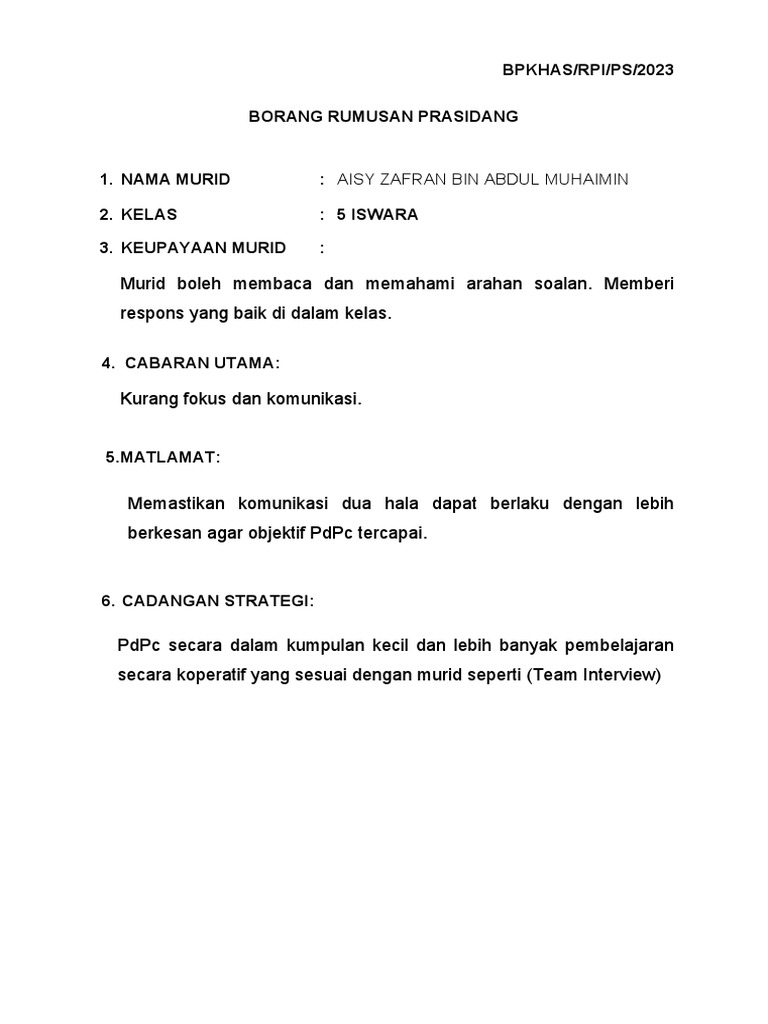 Borang Rumusan Pra Sidang RPI 2023 | PDF