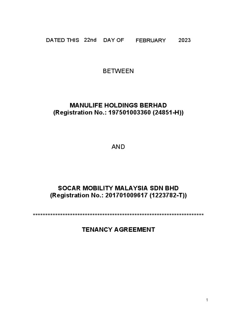 Tenancy Agreement From 16 April 2023 To 15 April 2025 Between Manulife ...