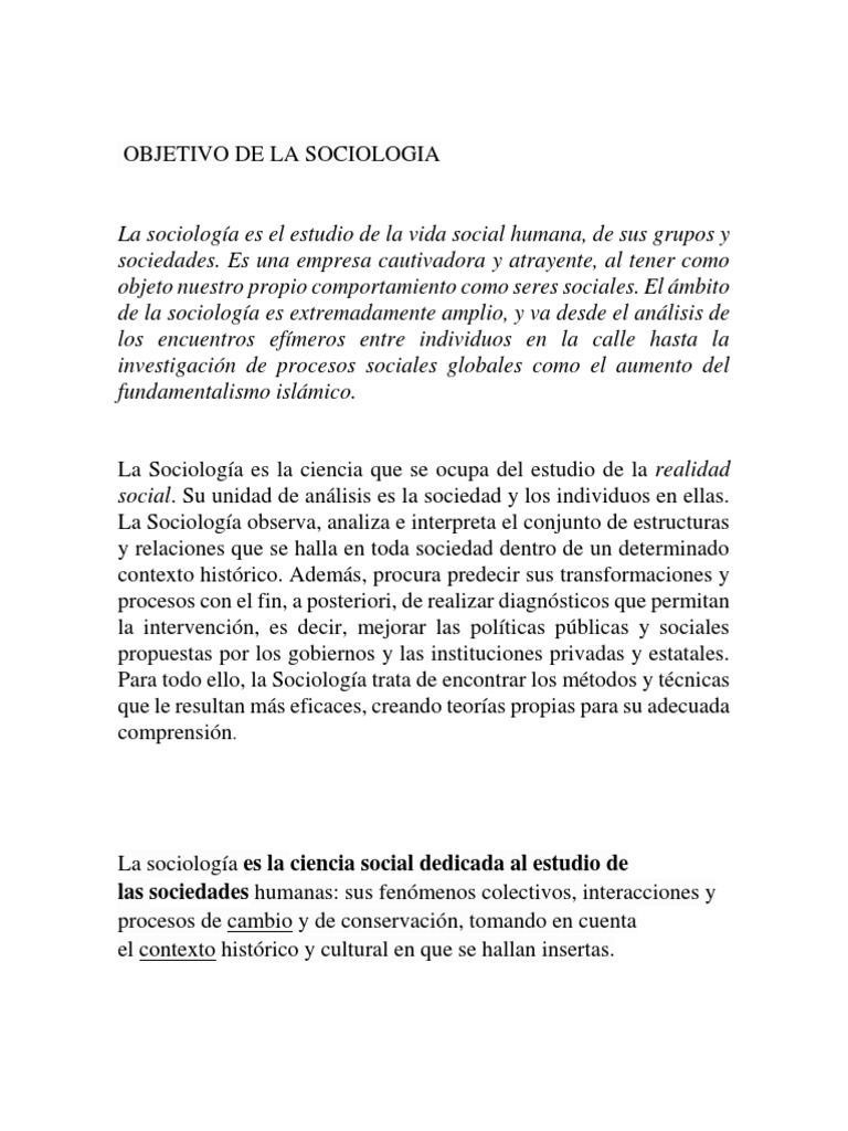 Objetivo de La Sociologia | PDF | Sociología | Positivismo
