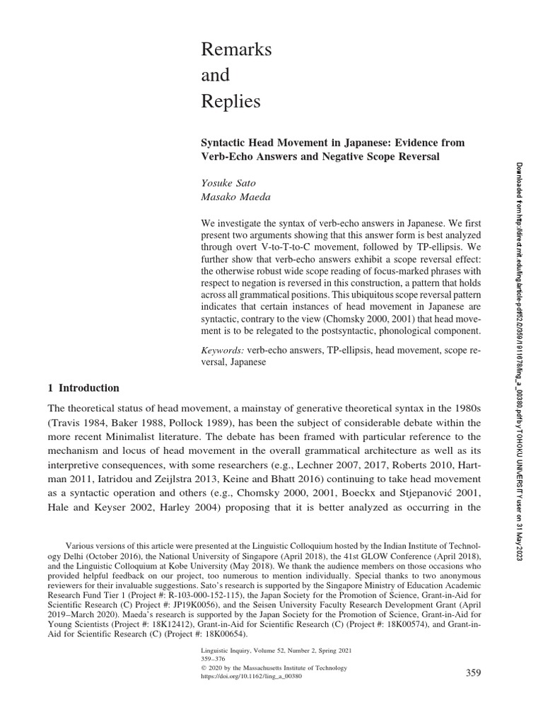 Sato & Maeda 2021 Syntactic Head Movement in Japanese PDF Syntax