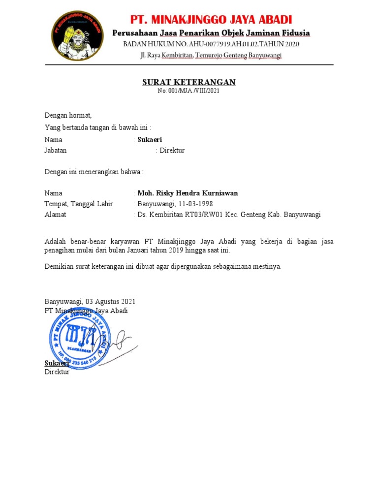 Surat Keterangan Kerja | PDF