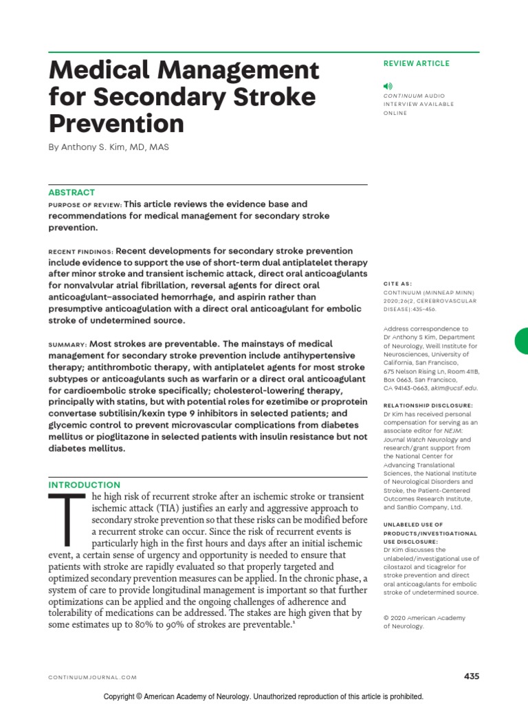 Medical Management For Secondary Stroke Prevention | PDF | Stroke | Aspirin