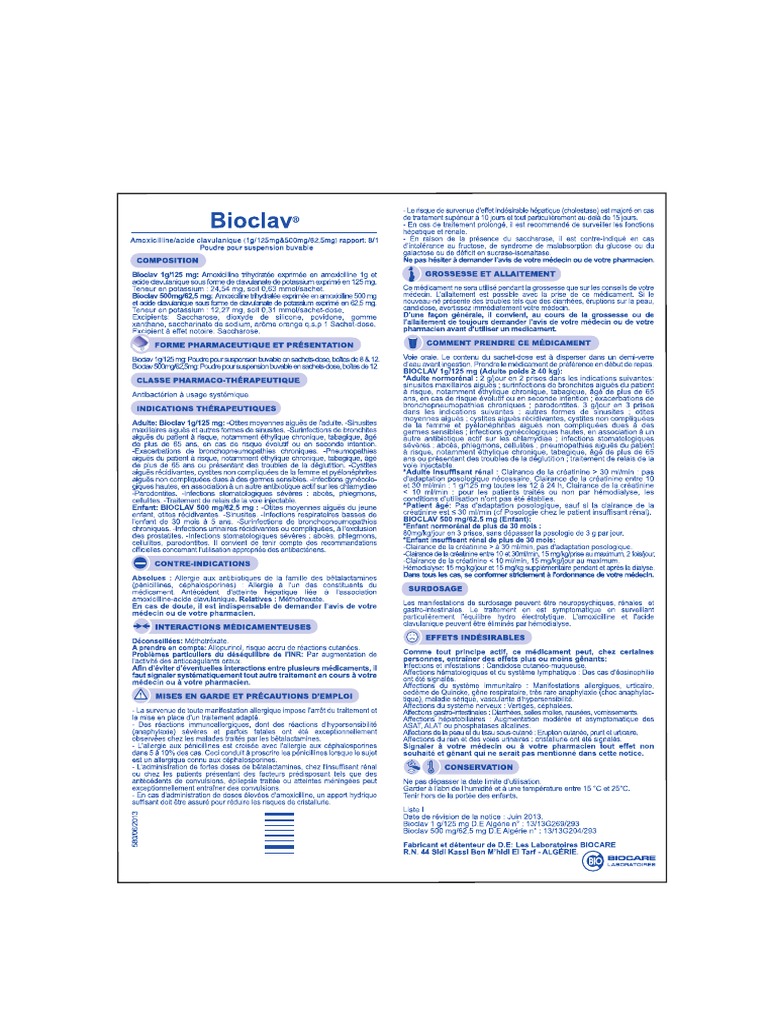 Notice Bioclav 8 1 1g 125mg Sachet Pdre P. Susp. Buv. en Sachet-Dose B ...