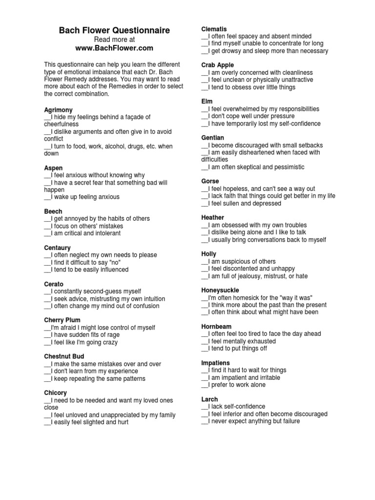 Bach Flower Questionnaire Page 1 of 2 PDF Psychology Emotions