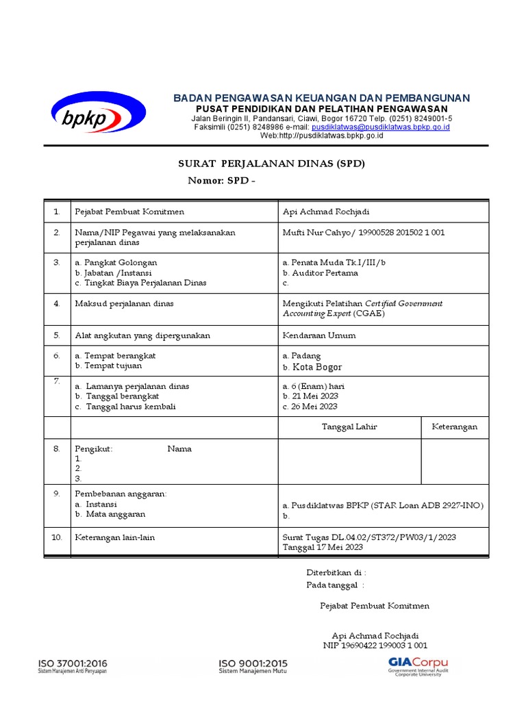 SPD Perjalanan Dinas BPKP 2023 | PDF