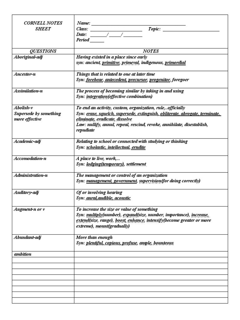 Cornell Notes Sheet Template 1 PDF