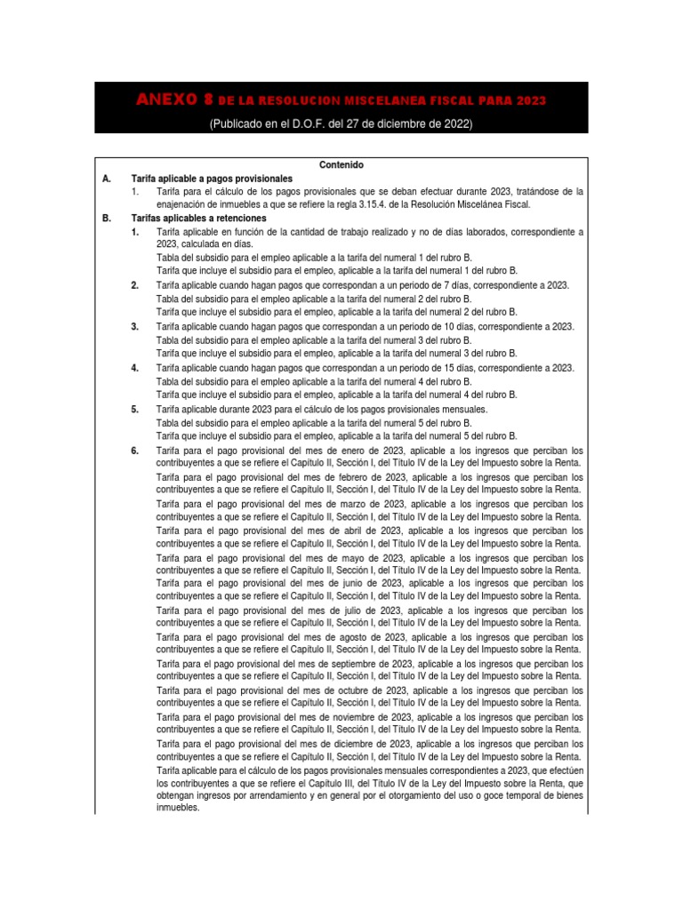 Tarifas Provisionales 2023: Anexo 8 | PDF | Impuesto sobre la renta ...