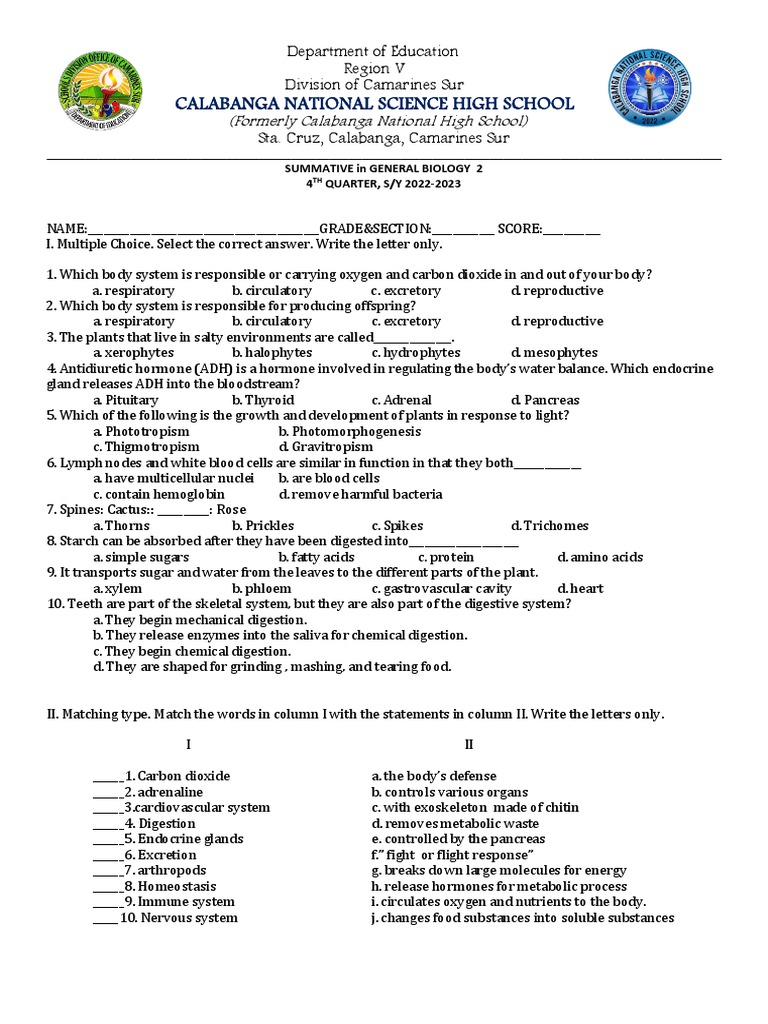 Grade 1 Language 4th Quarter Examination