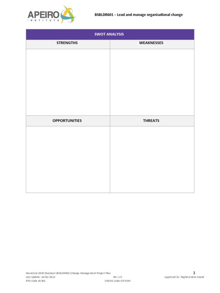 BSBLDR601 - Change Management Project Plan - Rev 1.0 | PDF | Risk ...