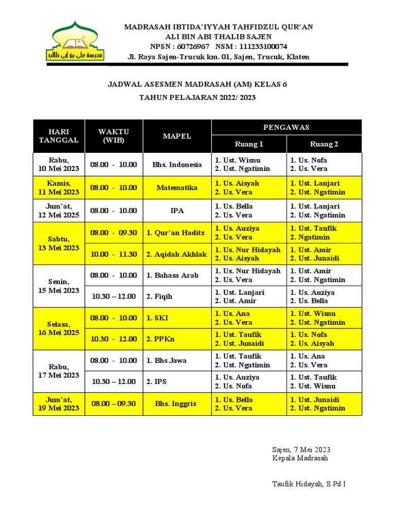 Jadwal Pengawas Asesmen Madrasah 2022 2023 Pdf