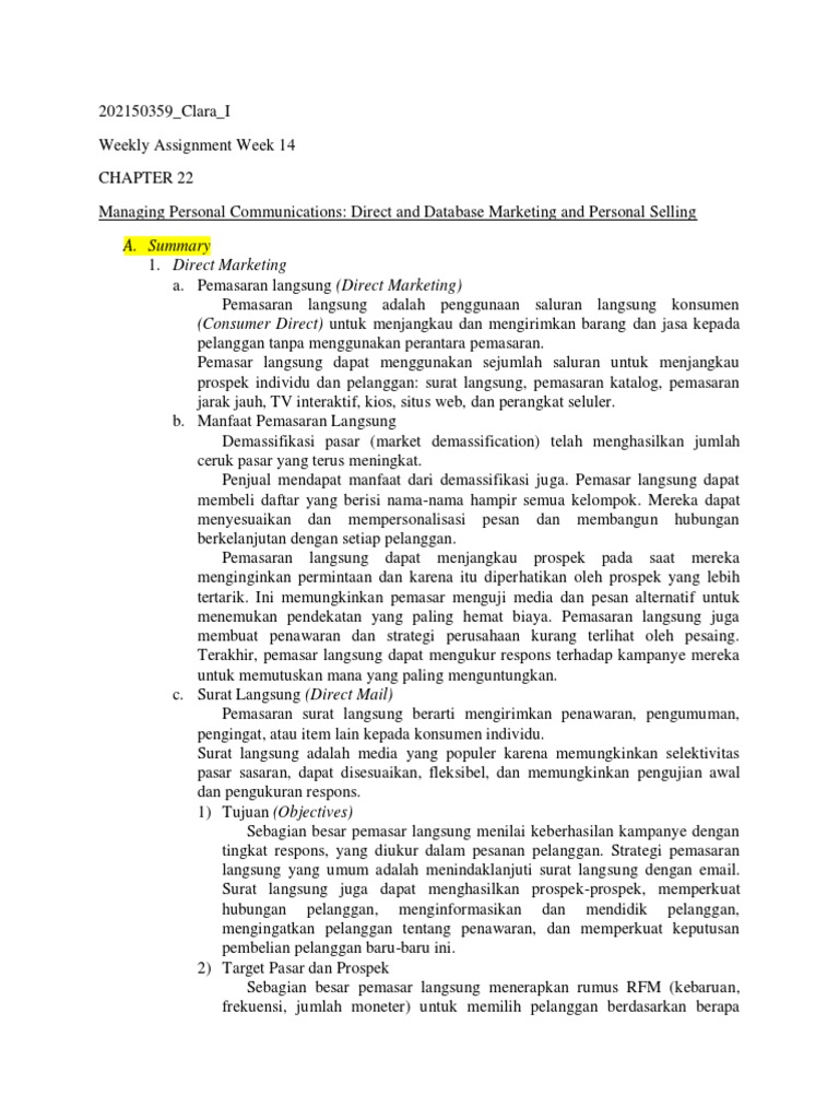 Clara I Weekly Assignment Marketing Management Chapter 22 | PDF
