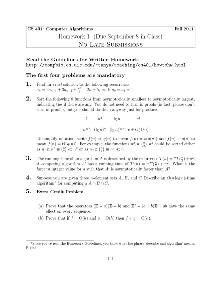 CS 401 Homework 1: Algorithms Recurrences | PDF