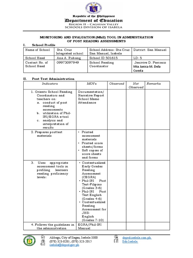 M&E Tool for Post Reading Assessments | PDF | Career & Growth