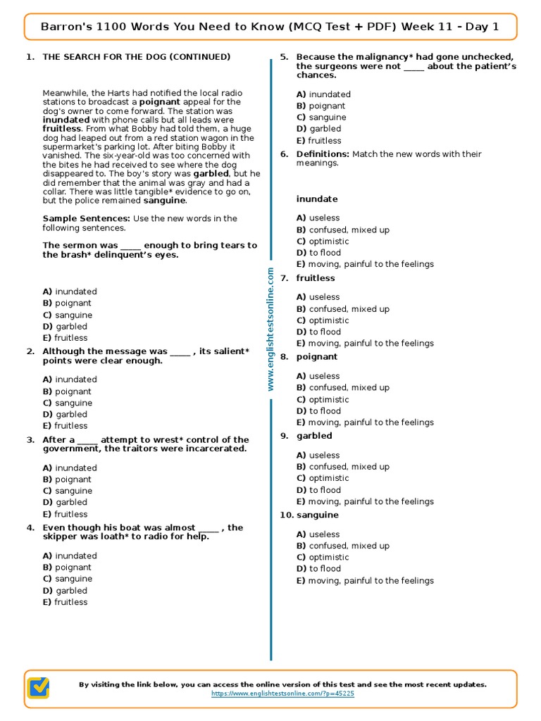 2118 Barrons 1100 Words You Need To Know MCQ Test PDF Week 11 Day 1 | PDF