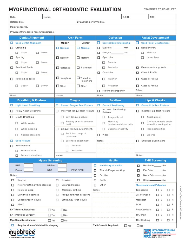 Myofunctional Orthodontic Evaluation Form PDF Tongue Human Head And Neck