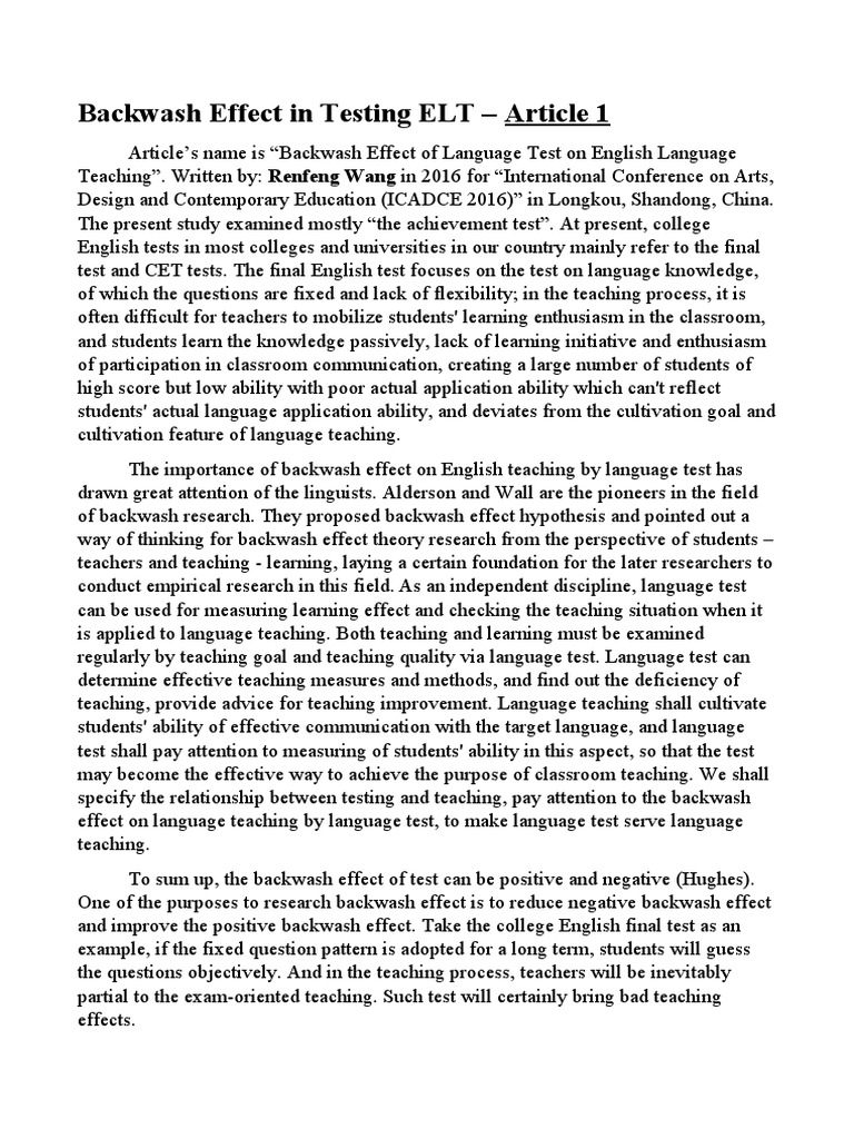 Backwash Effect in Testing ELT | PDF | Language Education | Teachers