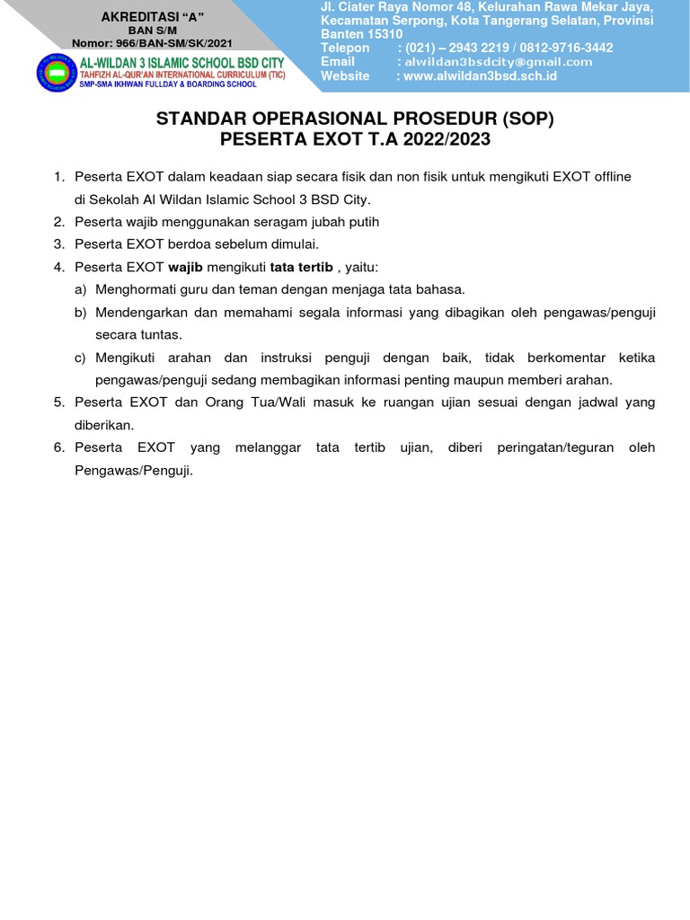 SMP-SMA SOP Peserta Examination of Authority (EXOT) 2023 | PDF