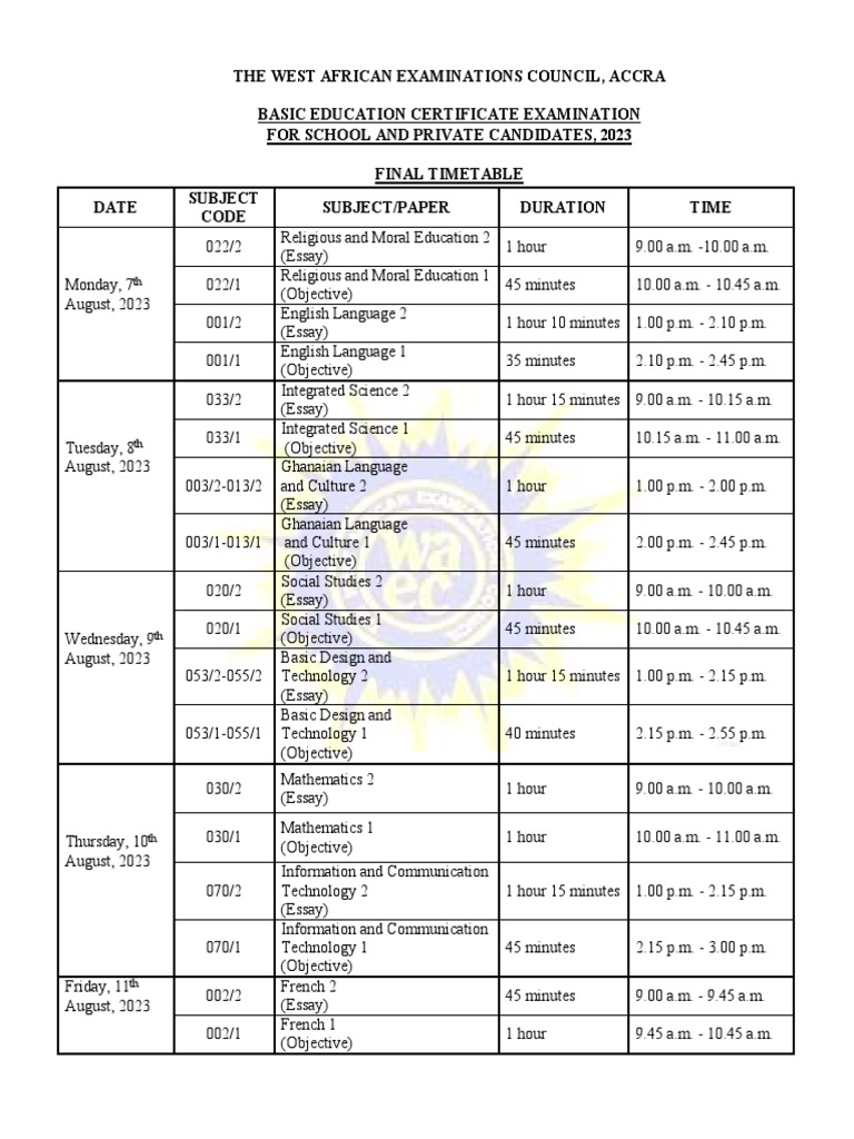BECE TIME TABLE PDF
