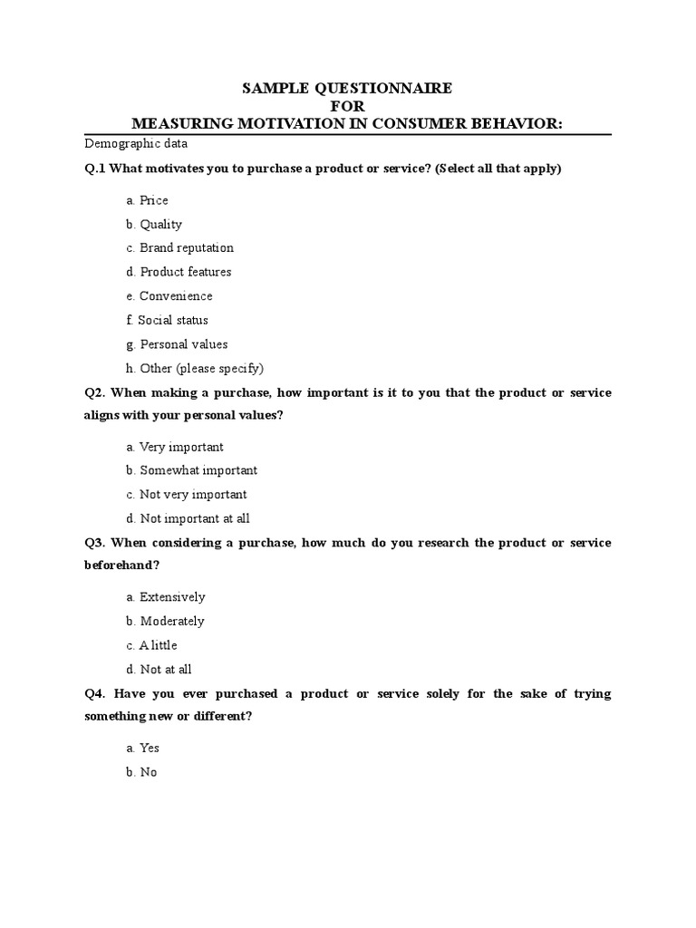 Sample Questionnaire for measuring Motivation | PDF