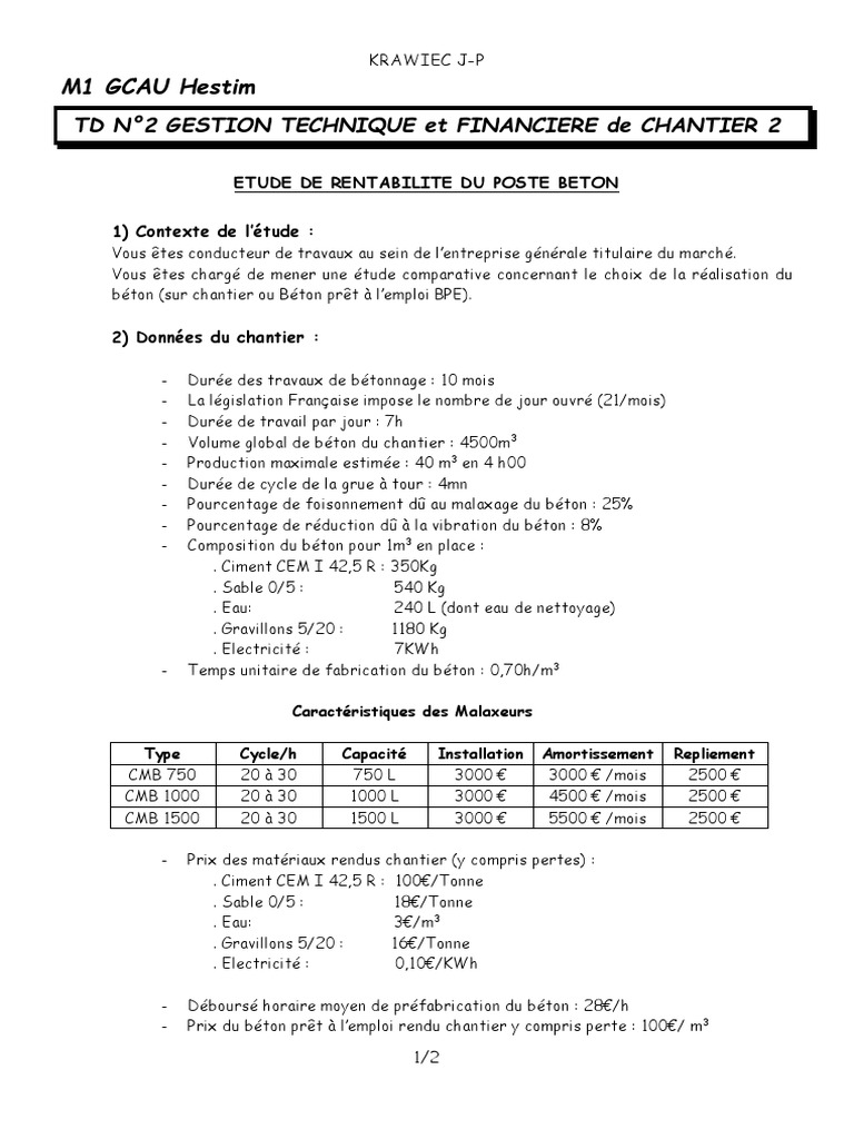TD n2 Rentabilite Beton | PDF