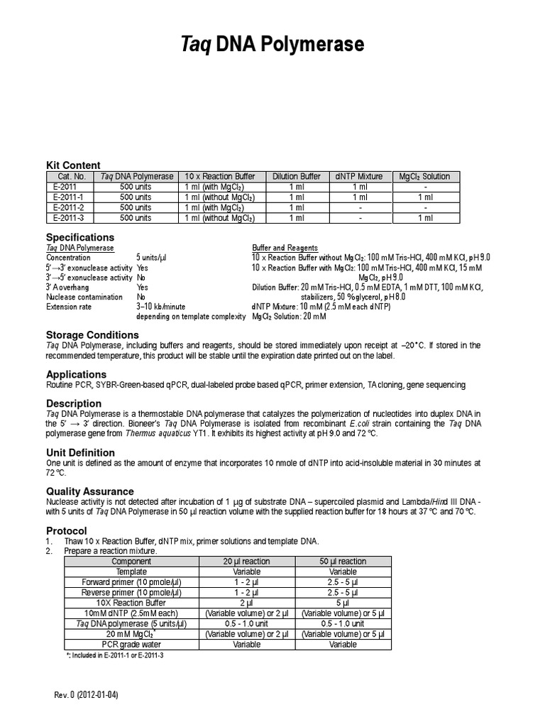 Taq DNA Polymerase Product Overview | PDF | Polymerase Chain Reaction ...