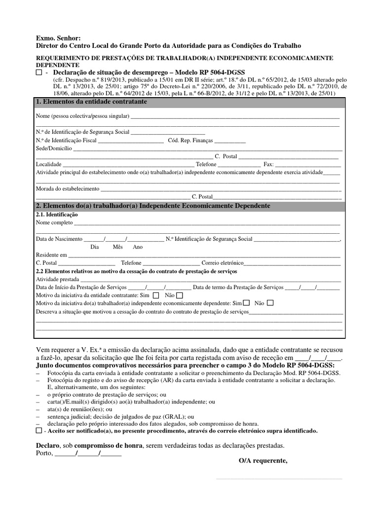 Requerimento Mod 5064 Declaração Situação Desemprego | PDF | Justiça ...