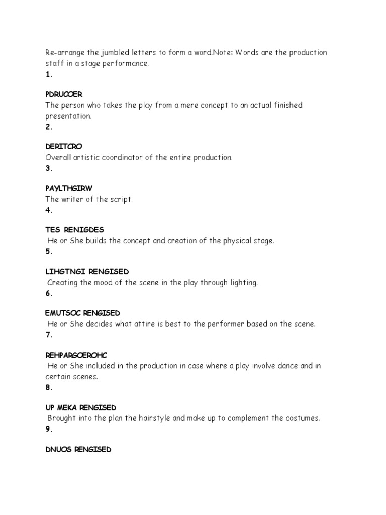 Stage Production Staff Roles Quiz | PDF