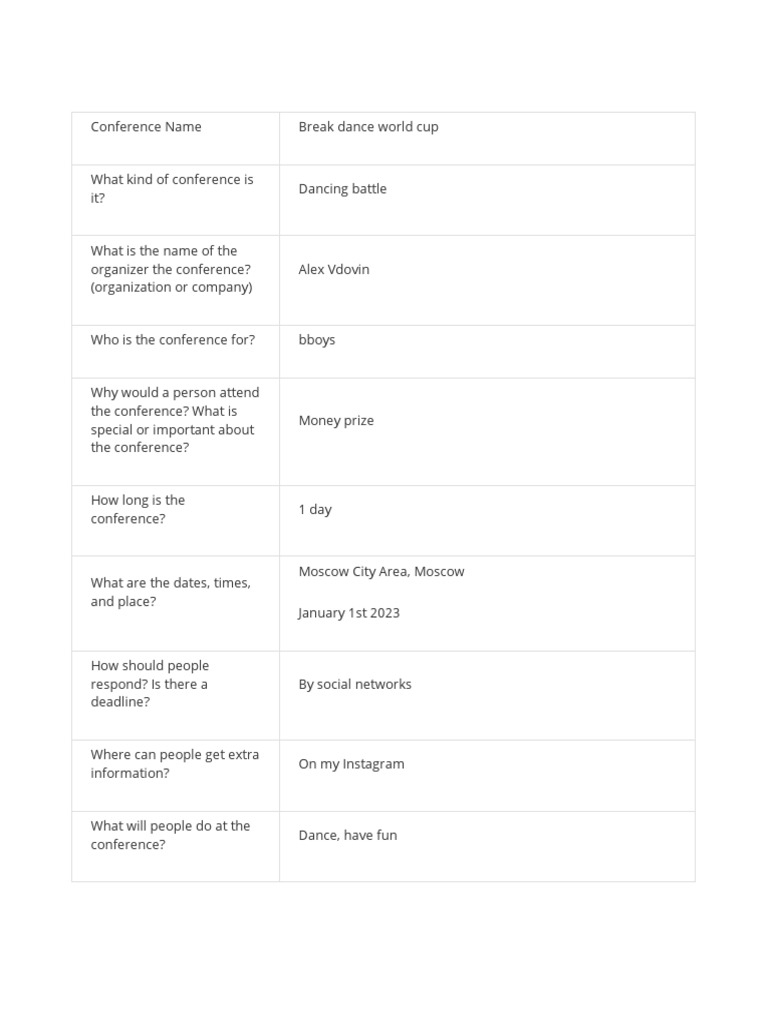 Table Template Format