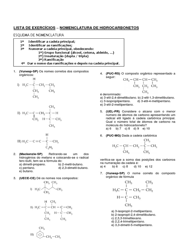 esquema Nomenclatura - exercicios | PDF | Alcano | Química