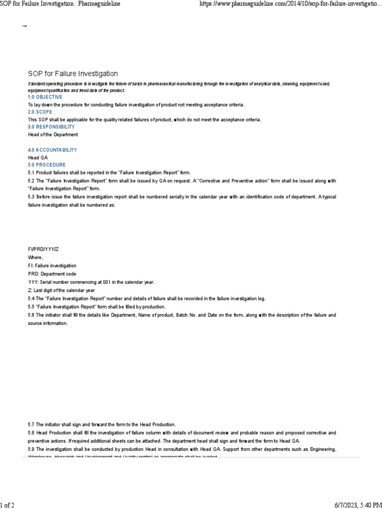 SOP for Investigating Product Failures | PDF