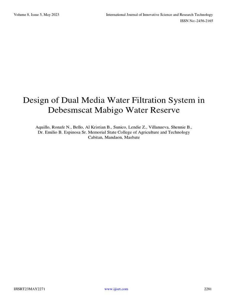 Design of Dual Media Water Filtration System in Debesmscat Mabigo Water