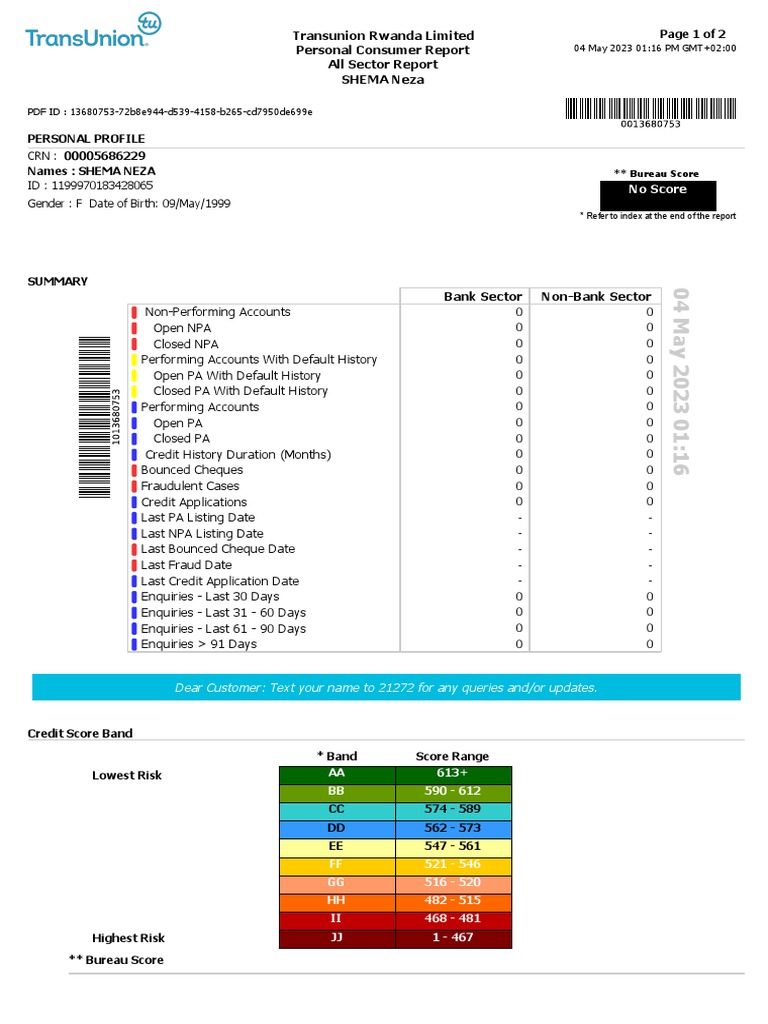 Transunion Rwanda Credit Report Summary | PDF | Credit | Finance ...